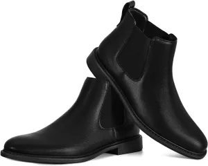 Mens Black Chelsea Boots - Classic PU Slip On Dress Boots with Side Elastic Panels - Comfort Low Heel Ankle Boots - Black 8.5