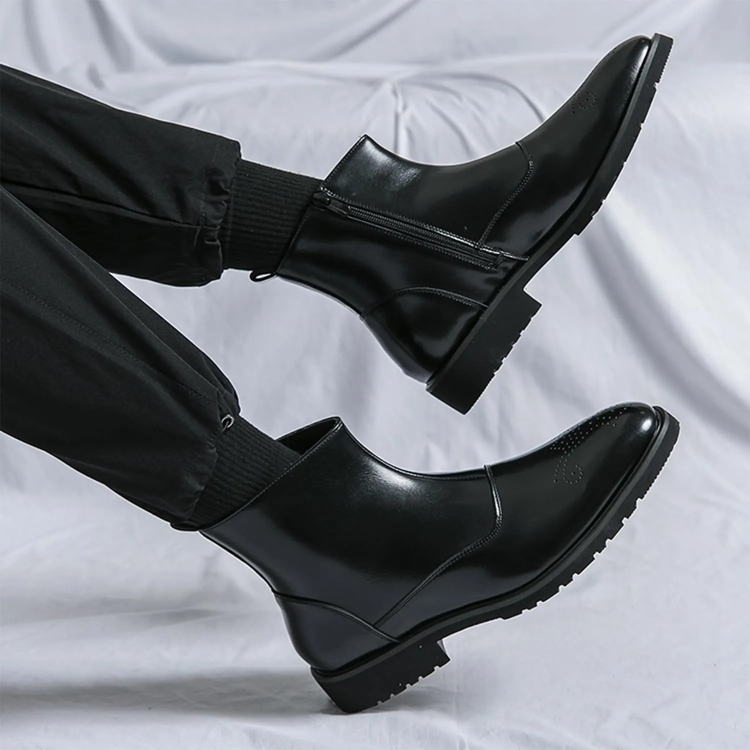 Men's Leather Ankle Boots Dress Chelsea Boots with Brogue Pattern and Side Zip Classic Chelsea Style