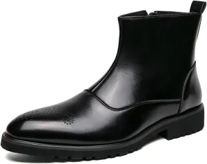 Men's Leather Ankle Boots Dress Chelsea Boots with Brogue Pattern and Side Zip Classic Chelsea Style