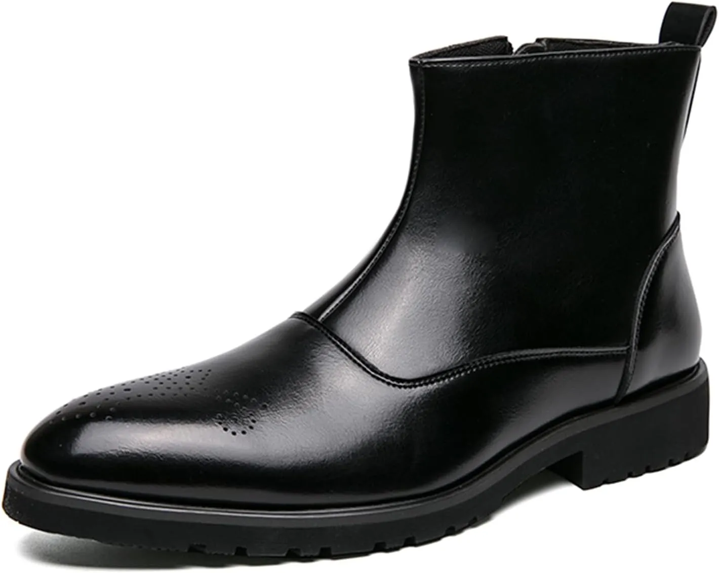 Men's Leather Ankle Boots Dress Chelsea Boots with Brogue Pattern and Side Zip Classic Chelsea Style