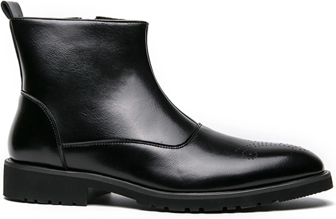 Men's Leather Ankle Boots Dress Chelsea Boots with Brogue Pattern and Side Zip Classic Chelsea Style