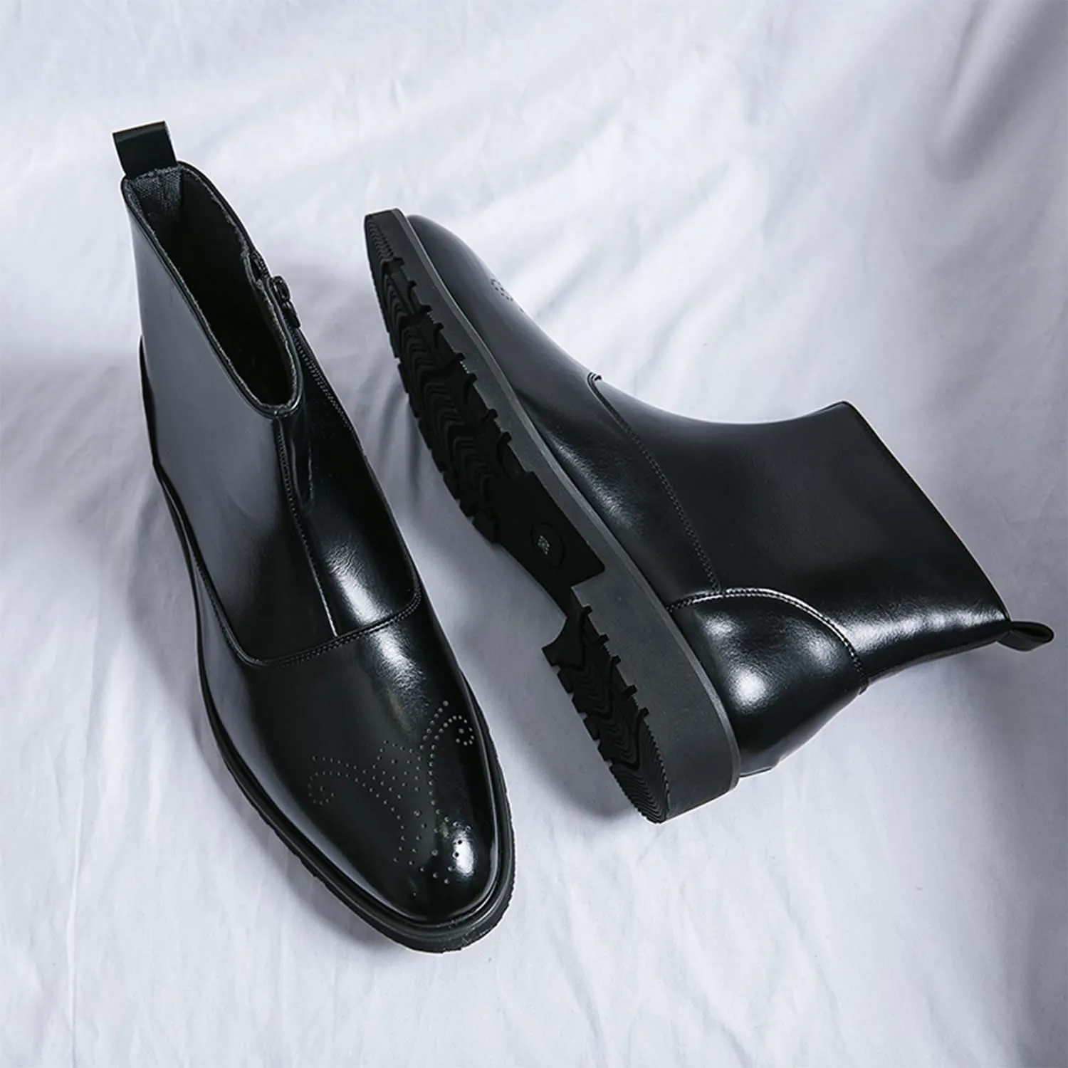 Men's Leather Ankle Boots Dress Chelsea Boots with Brogue Pattern and Side Zip Classic Chelsea Style