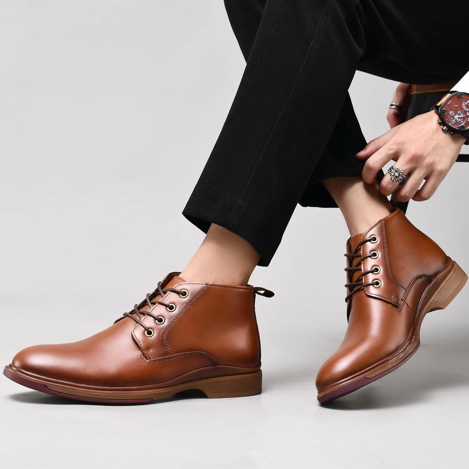 Mens Leather Oxford Dress Boots - Casual Chukka Ankle Boot Mid-Top Boots for Men