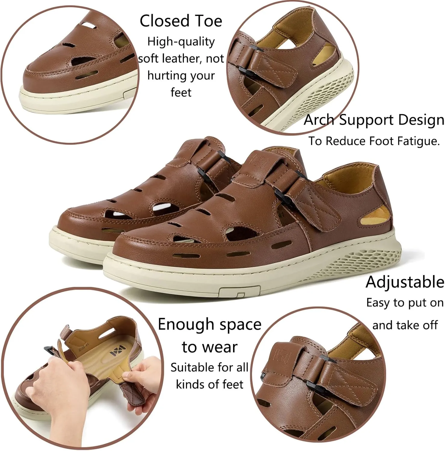Men's Sandals Summer Breathable Sport Sandals Arch Support Casual Leather Adjustable Closed Toe Outdoor