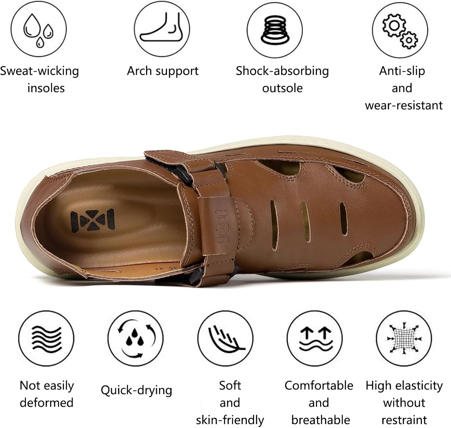 Men's Sandals Summer Breathable Sport Sandals Arch Support Casual Leather Adjustable Closed Toe Outdoor