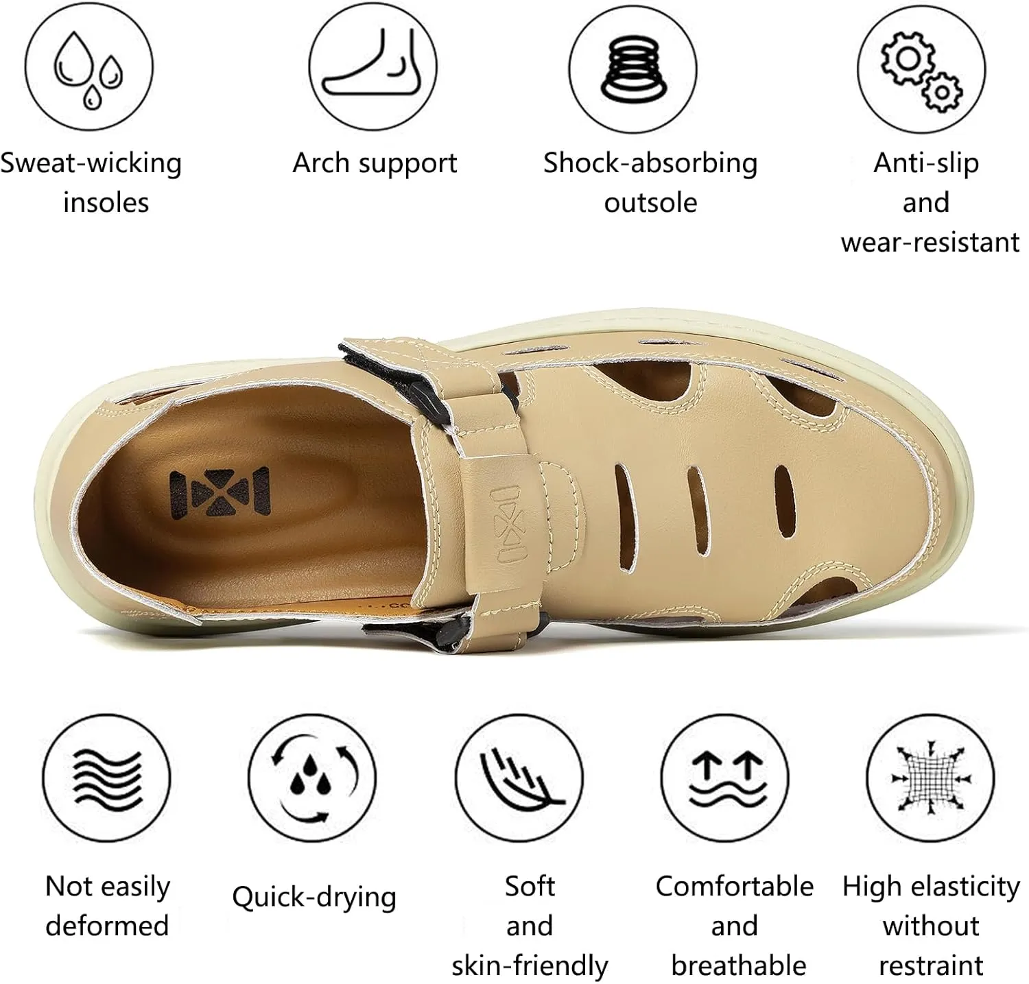 Men's Sandals Summer Breathable Sport Sandals Arch Support Casual Leather Adjustable Closed Toe Outdoor
