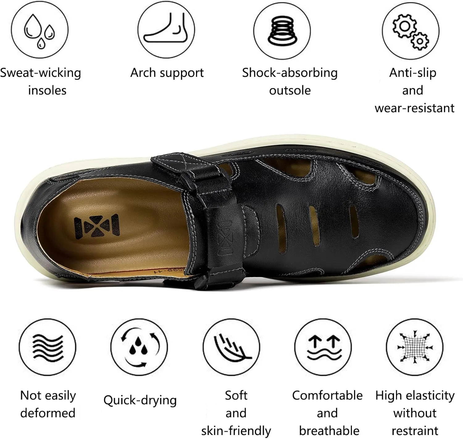 Men's Sandals Summer Breathable Sport Sandals Arch Support Casual Leather Adjustable Closed Toe Outdoor