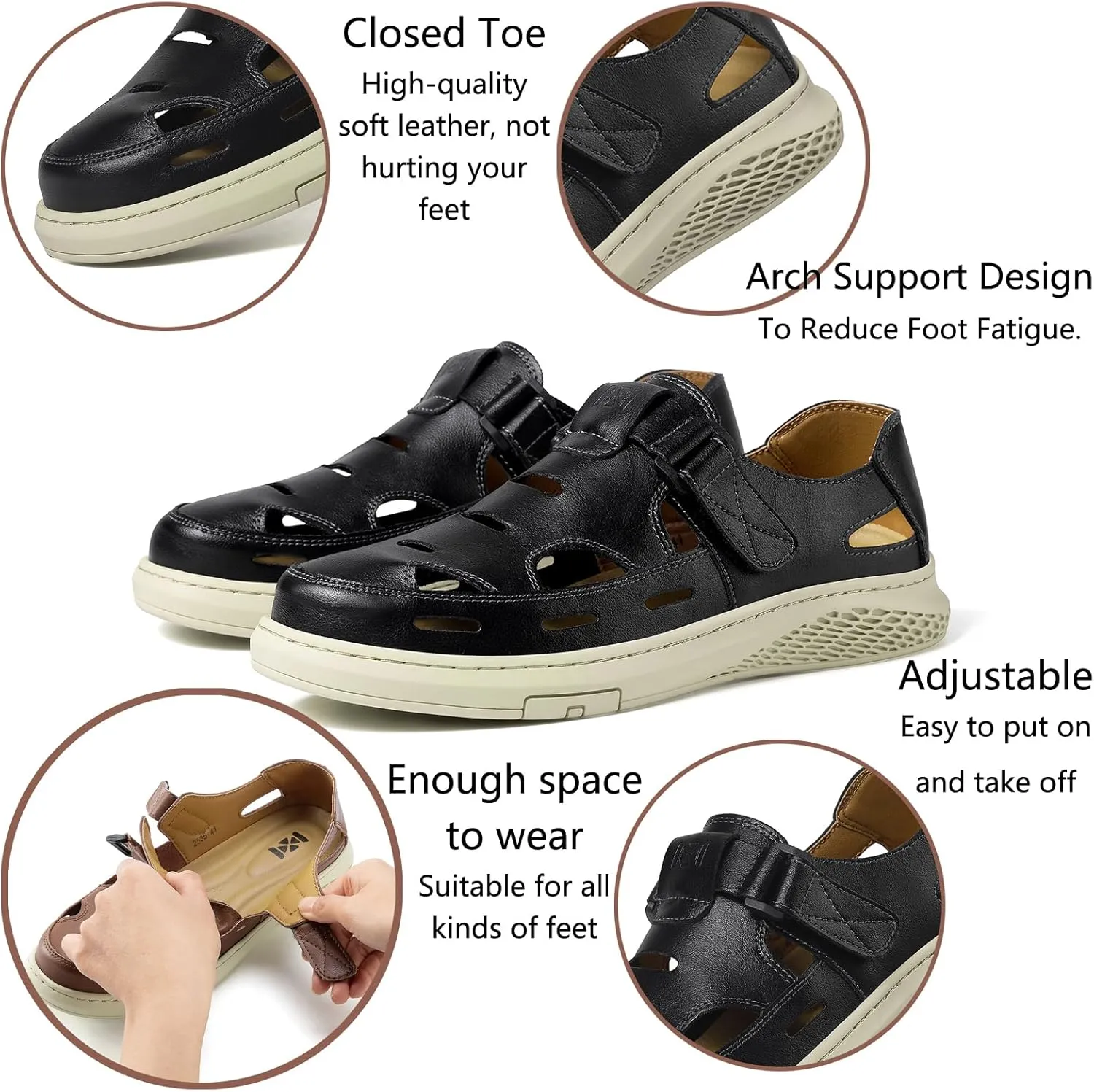Men's Sandals Summer Breathable Sport Sandals Arch Support Casual Leather Adjustable Closed Toe Outdoor