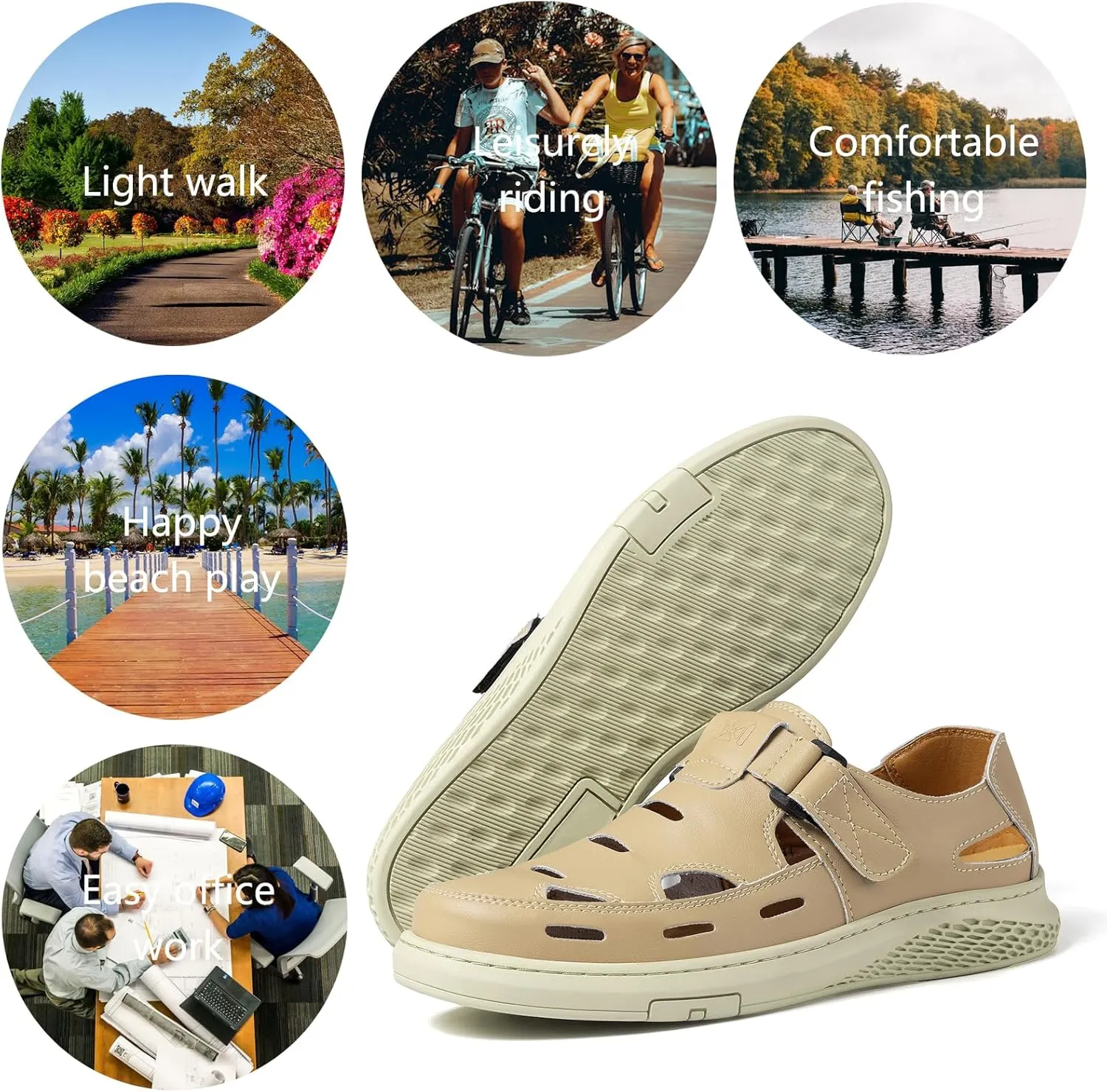Men's Sandals Summer Breathable Sport Sandals Arch Support Casual Leather Adjustable Closed Toe Outdoor