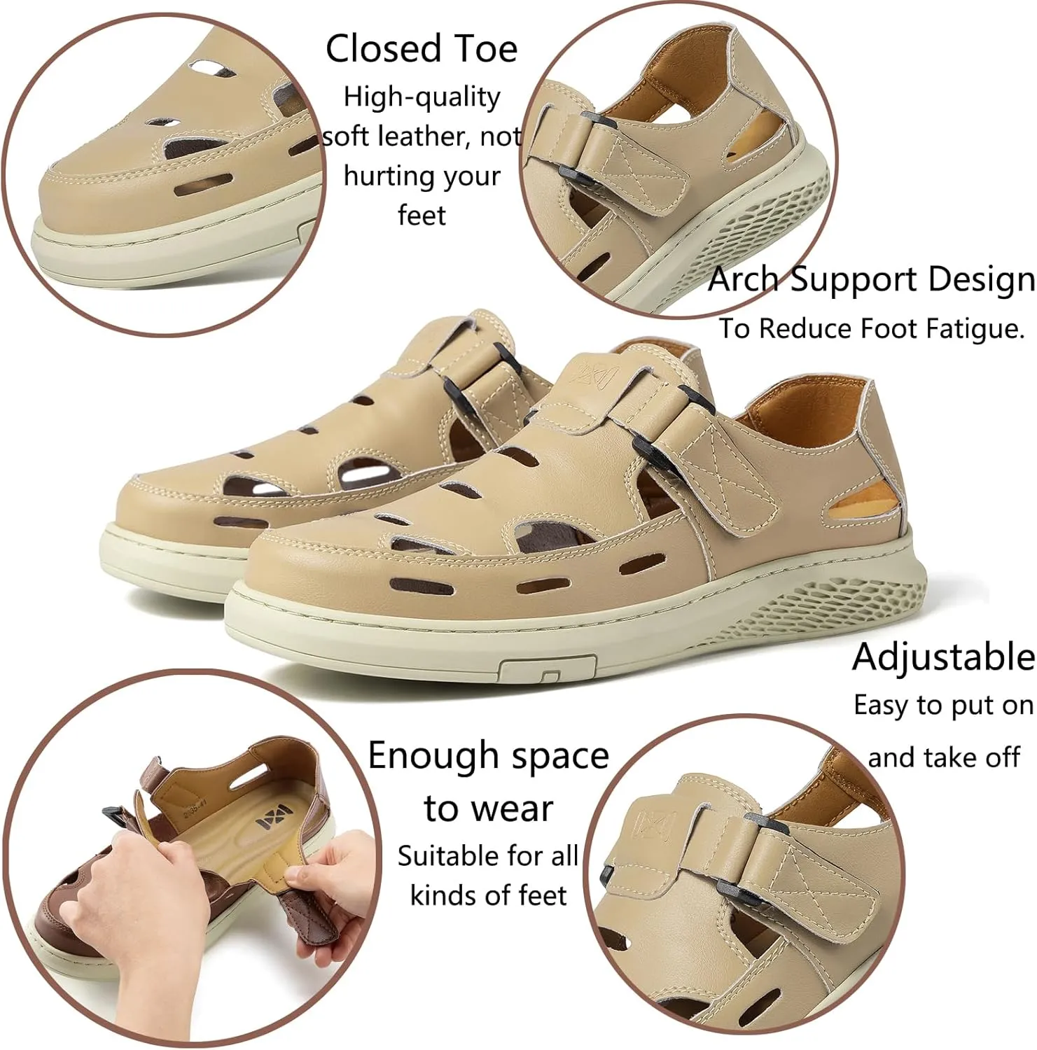 Men's Sandals Summer Breathable Sport Sandals Arch Support Casual Leather Adjustable Closed Toe Outdoor