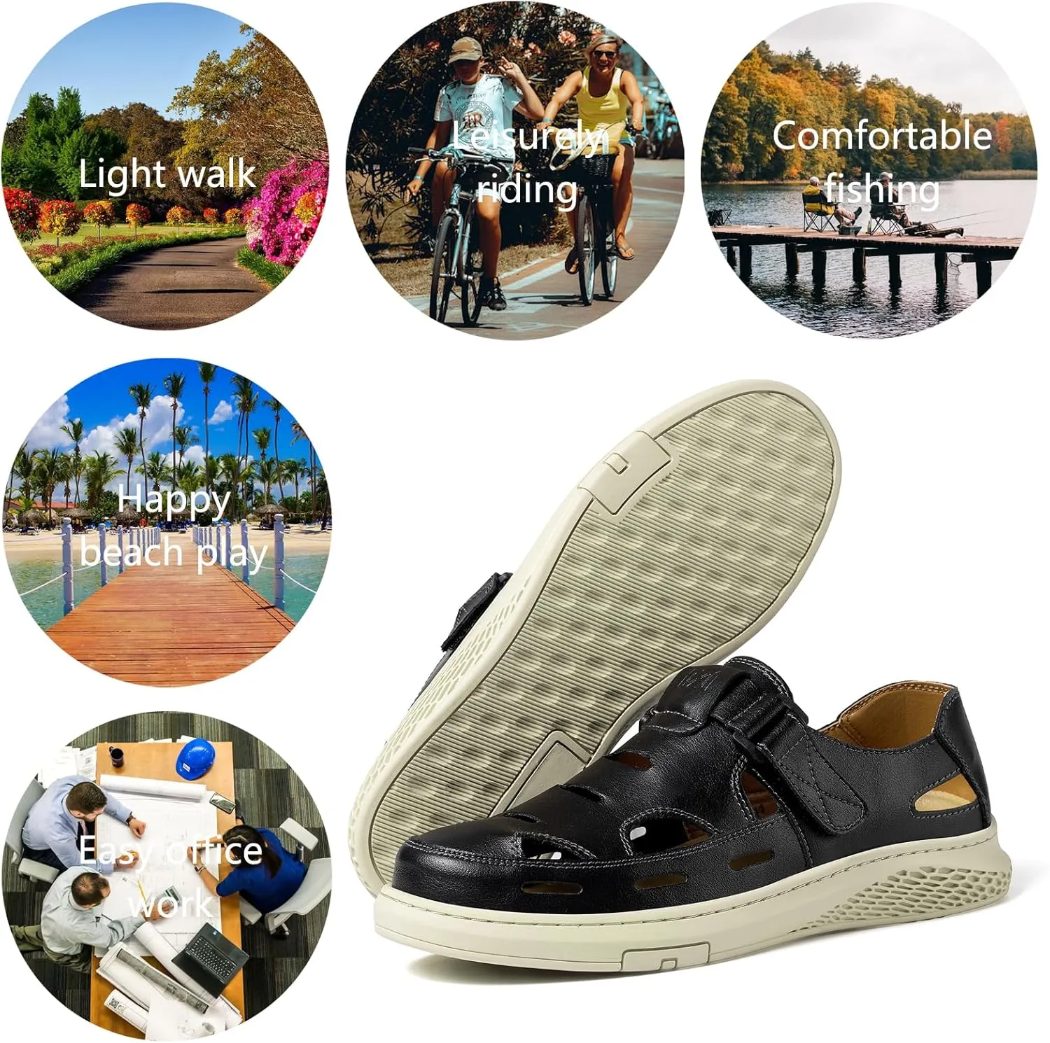 Men's Sandals Summer Breathable Sport Sandals Arch Support Casual Leather Adjustable Closed Toe Outdoor
