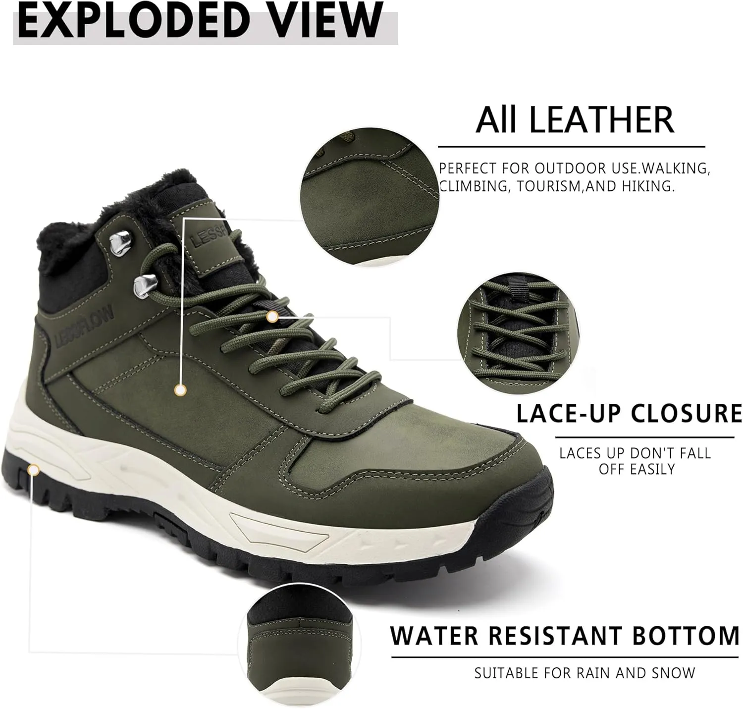 Men's Winter Slip On Snow Boots Warm Fur Lined Cold Shoes Winter Boot Leather Outdoor Thermal Work Ankle