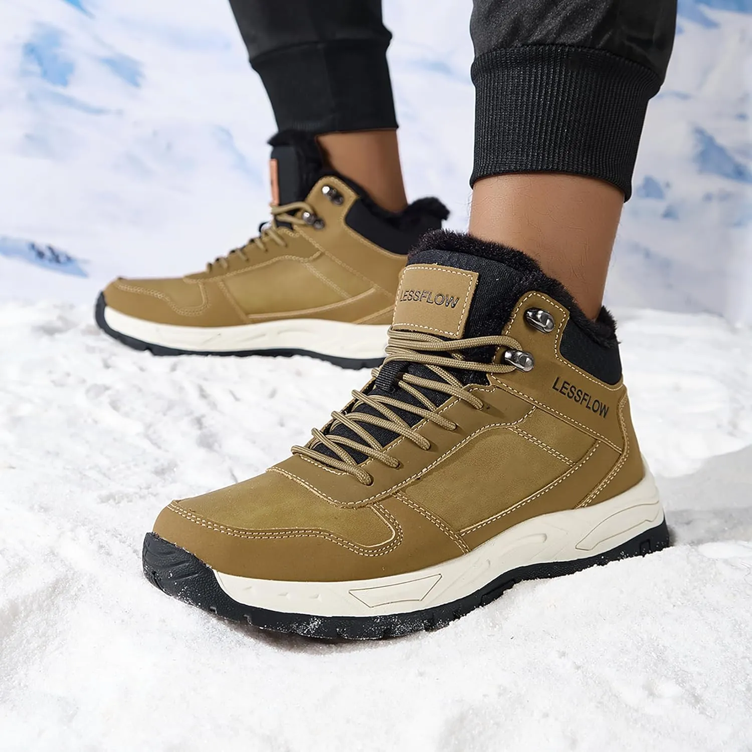 Mens Winter Snow Boots Warm Fur Lined Hiking Boots Anti-Slip Walking Ankle boots Leather Outdoor Shoes