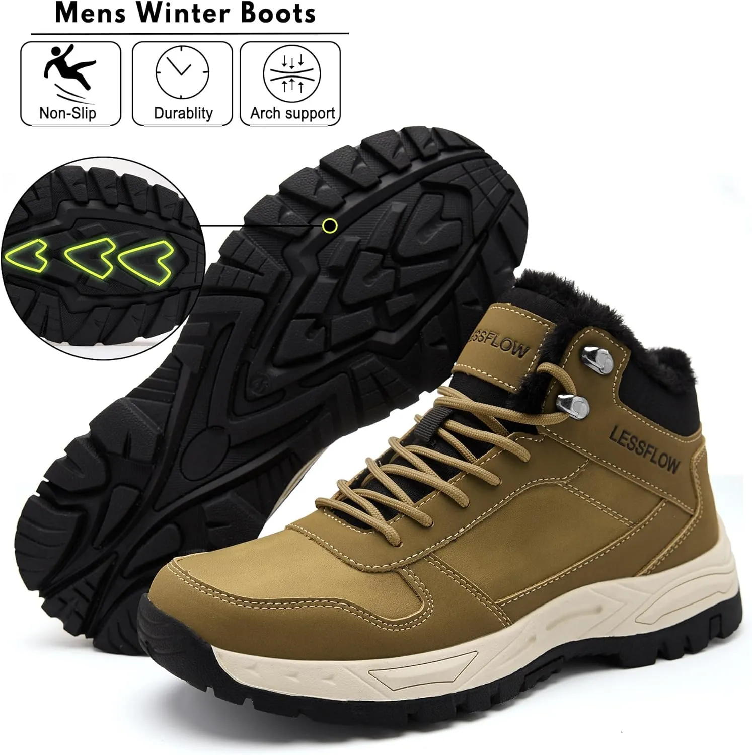 Mens Winter Snow Boots Warm Fur Lined Hiking Boots Anti-Slip Walking Ankle boots Leather Outdoor Shoes