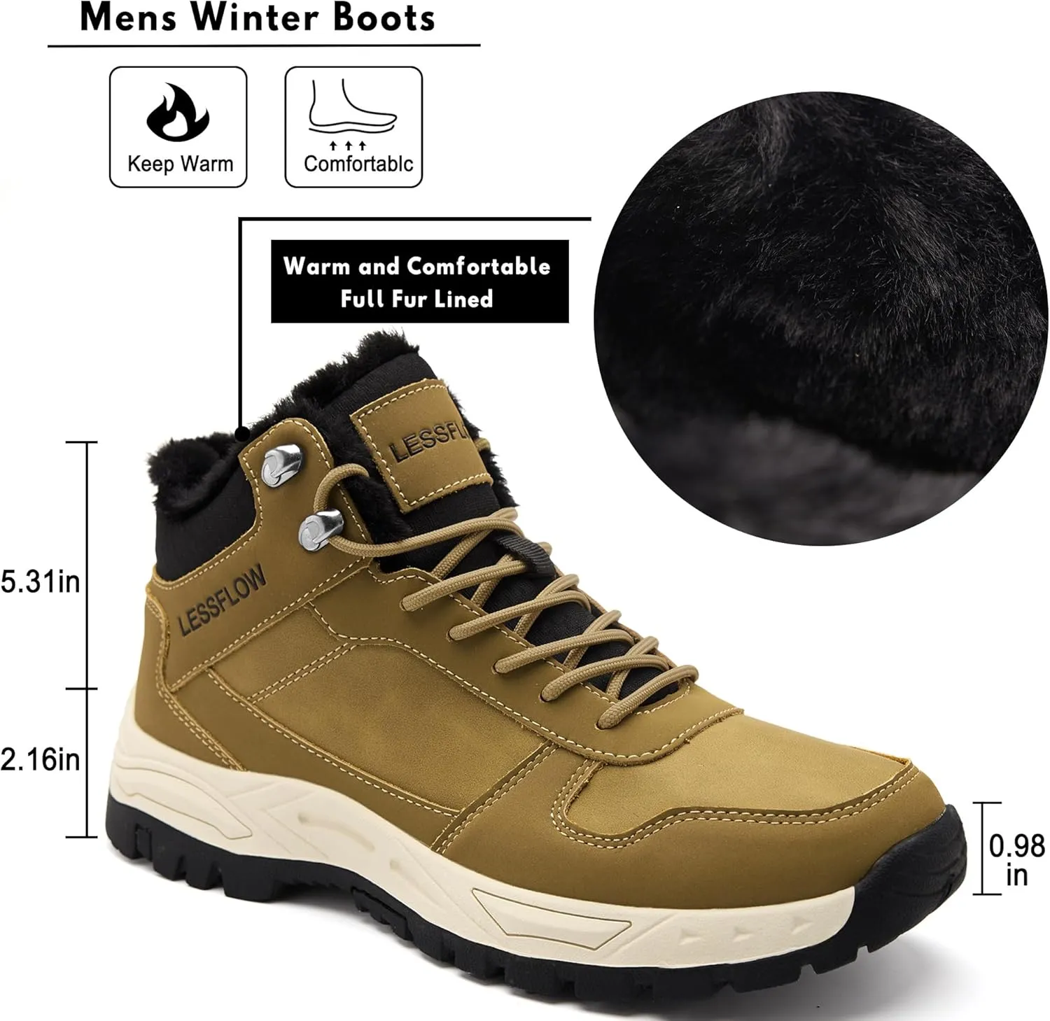 Mens Winter Snow Boots Warm Fur Lined Hiking Boots Anti-Slip Walking Ankle boots Leather Outdoor Shoes