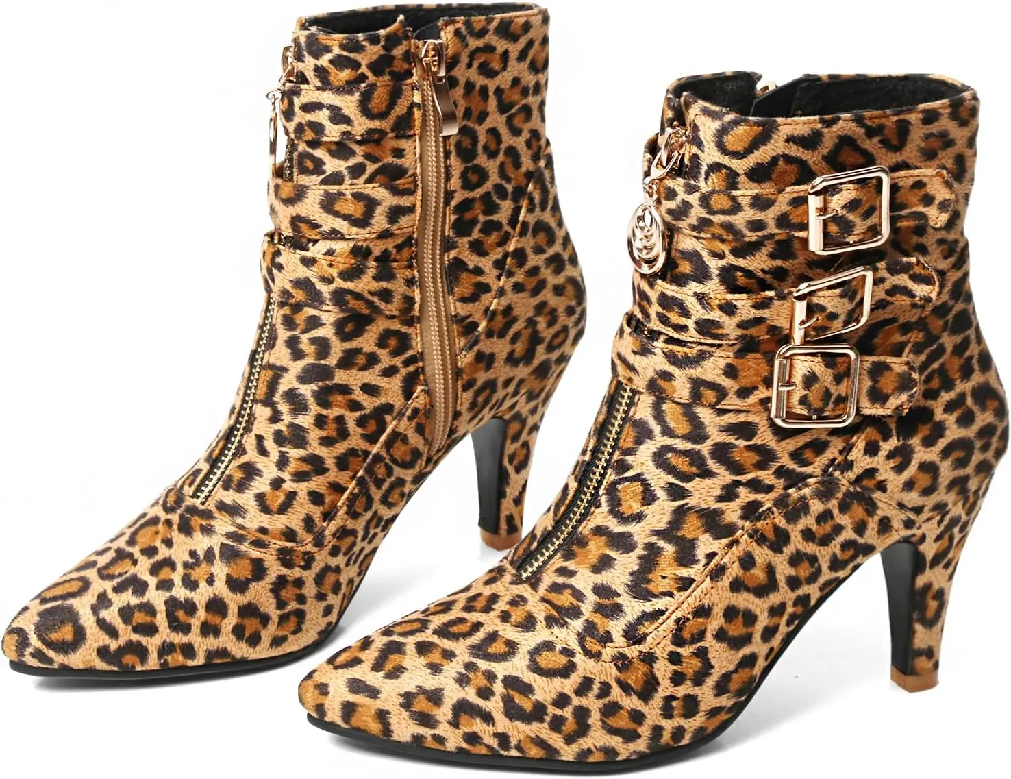 MEOTINA Gold High Heels for Women Kitten Heel Pointed Toe Short Womens Booties Buckle High Heeled Ankle Metallic Shoes
