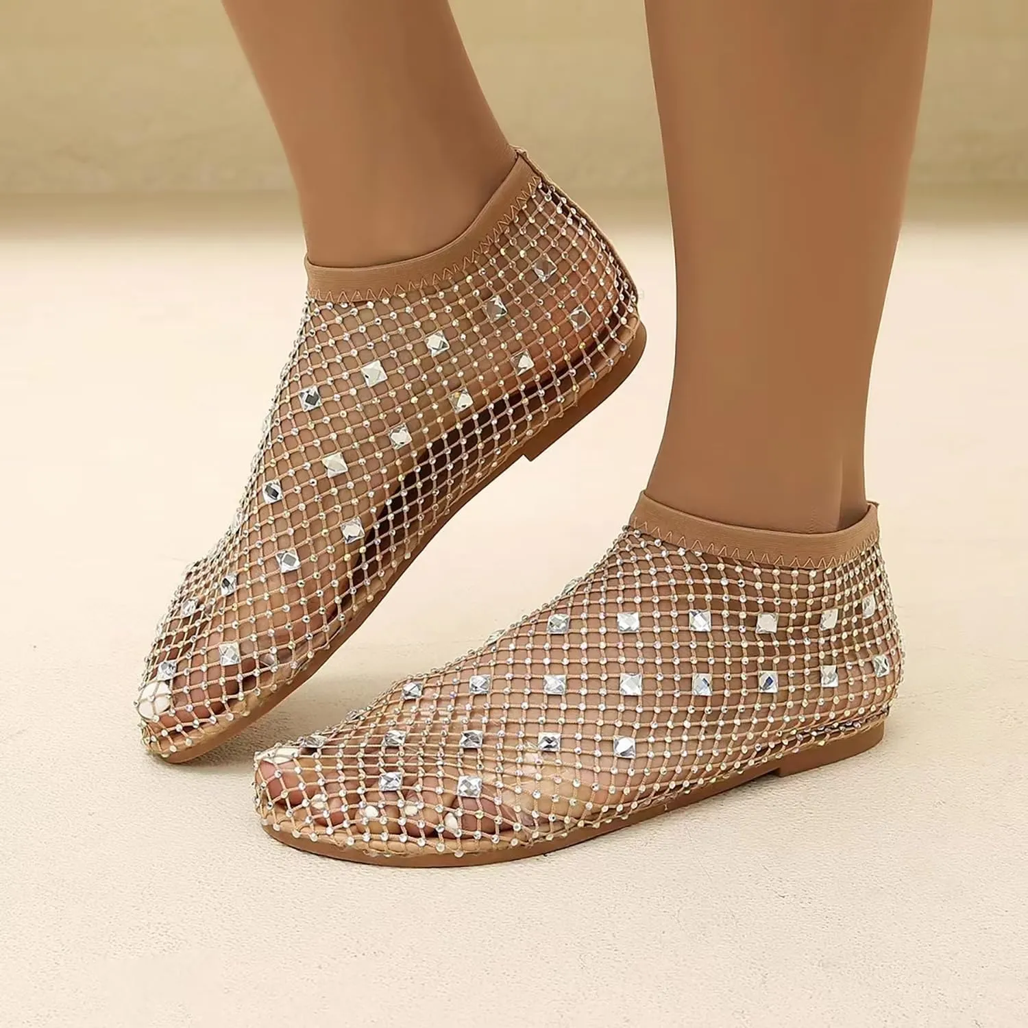Mesh Flats for Women Glitter Stretchy Shoes Ultra Comfortable Shiny Gem Ballet Flats Dressy Mesh Sparkle Sandals