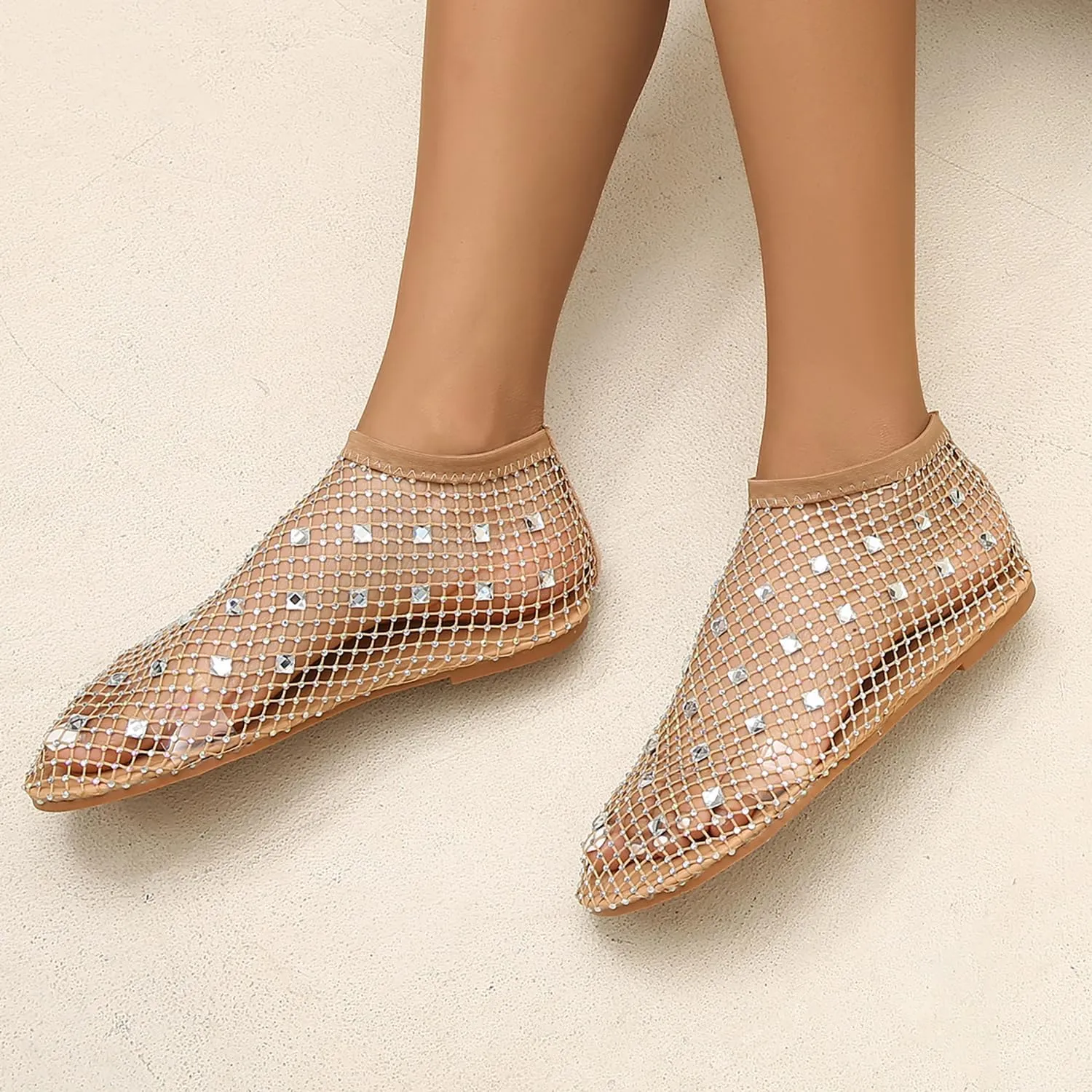 Mesh Flats for Women Glitter Stretchy Shoes Ultra Comfortable Shiny Gem Ballet Flats Dressy Mesh Sparkle Sandals