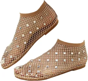 Mesh Flats for Women Glitter Stretchy Shoes Ultra Comfortable Shiny Gem Ballet Flats Dressy Mesh Sparkle Sandals