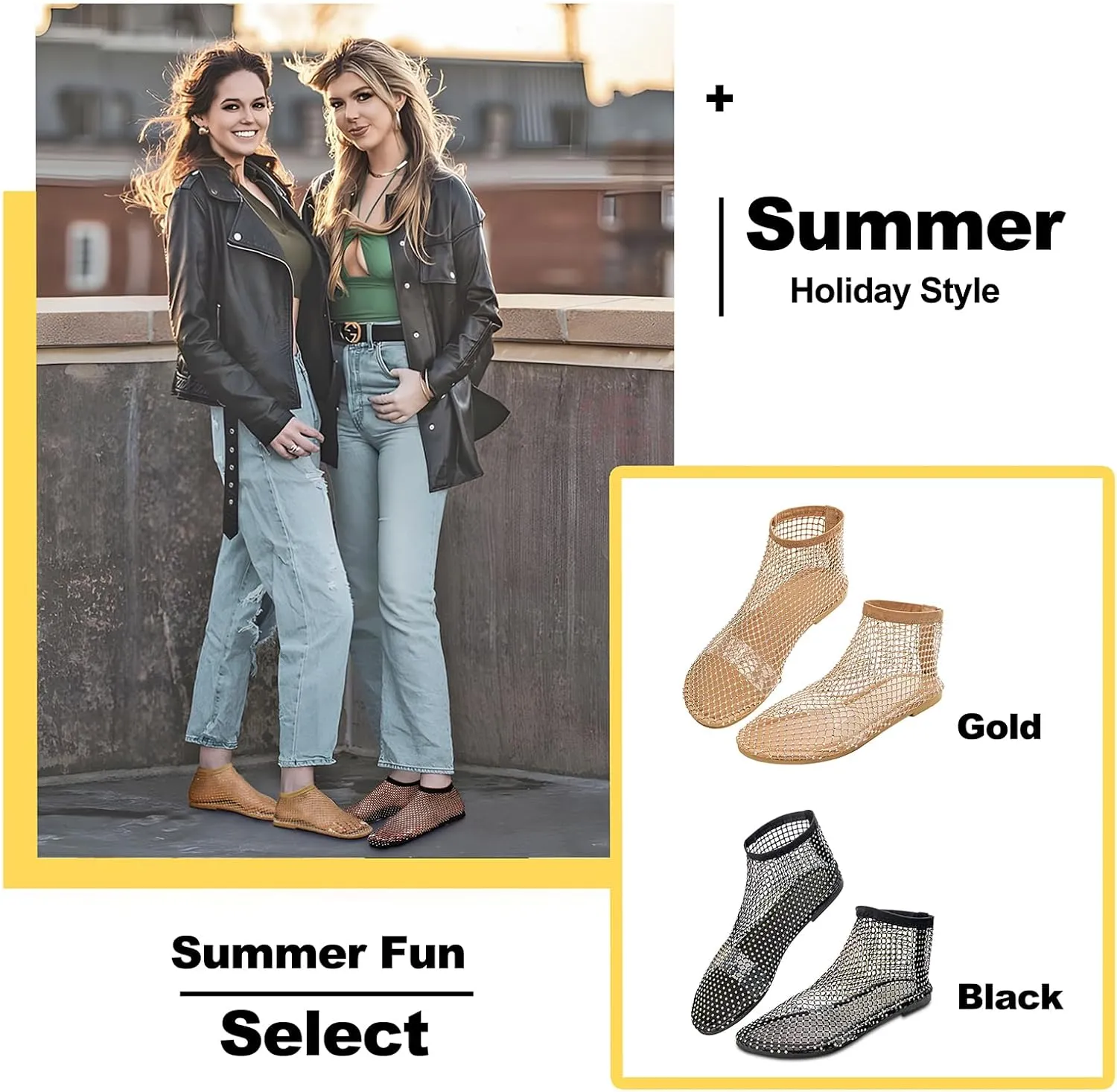 Mesh Flats for Women - Ultra Comfortable Shiny Gem - Women's Dressy Summer Slip-On Flat Sandals, Golden Anklet Included