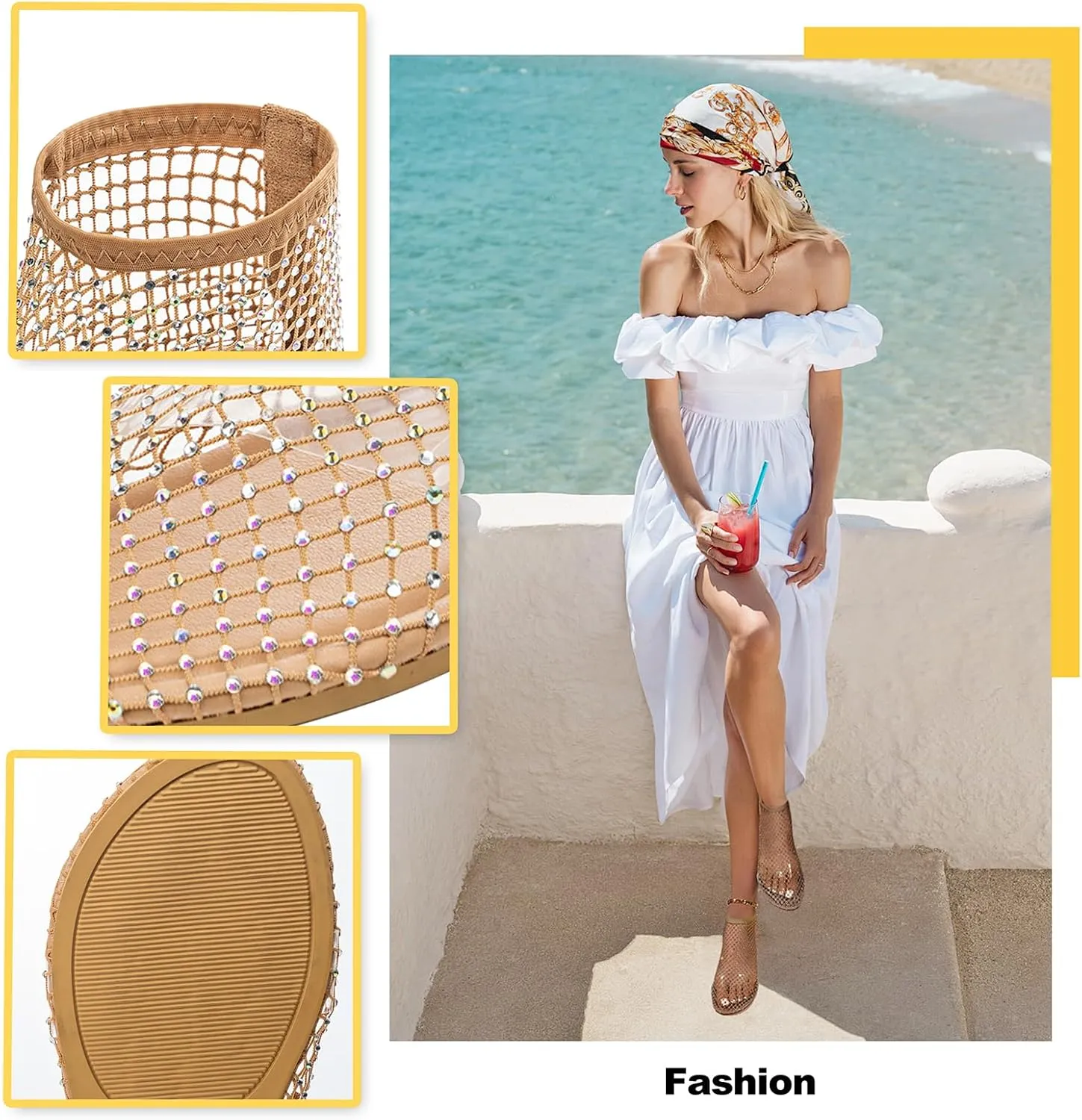 Mesh Flats for Women - Ultra Comfortable Shiny Gem - Women's Dressy Summer Slip-On Flat Sandals, Golden Anklet Included