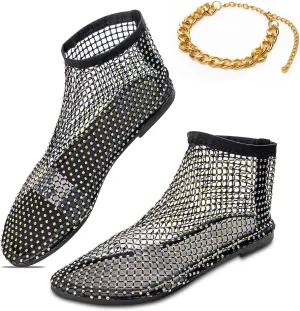 Mesh Flats for Women - Ultra Comfortable Shiny Gem - Women's Dressy Summer Slip-On Flat Sandals, Golden Anklet Included
