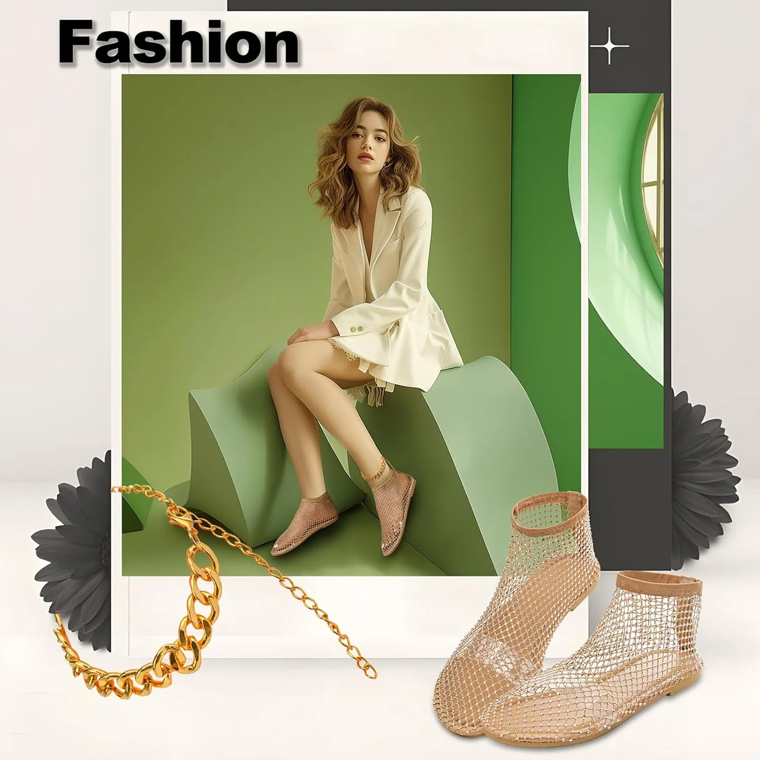 Mesh Flats for Women - Ultra Comfortable Shiny Gem - Women's Dressy Summer Slip-On Flat Sandals, Golden Anklet Included