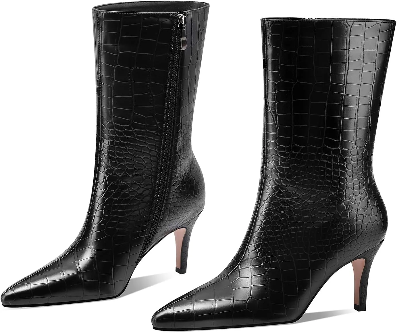 Mid Calf Boots Women Crocodile Leather Boot Stiletto Heel Wide Calf Booties