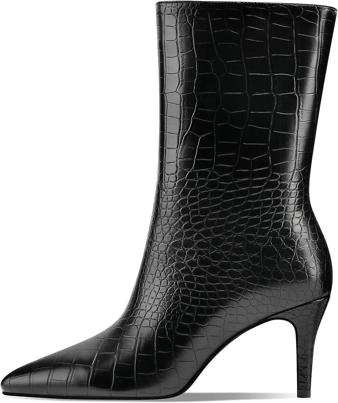 Mid Calf Boots Women Crocodile Leather Boot Stiletto Heel Wide Calf Booties