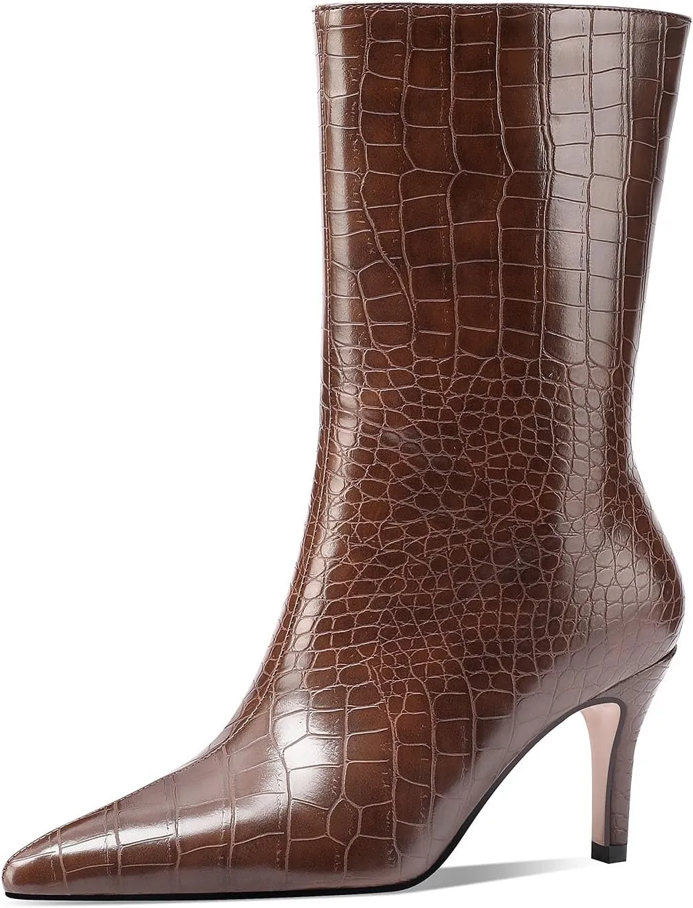 Mid Calf Boots Women Crocodile Leather Boot Stiletto Heel Wide Calf Booties