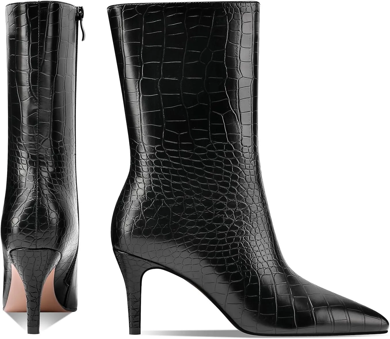 Mid Calf Boots Women Crocodile Leather Boot Stiletto Heel Wide Calf Booties