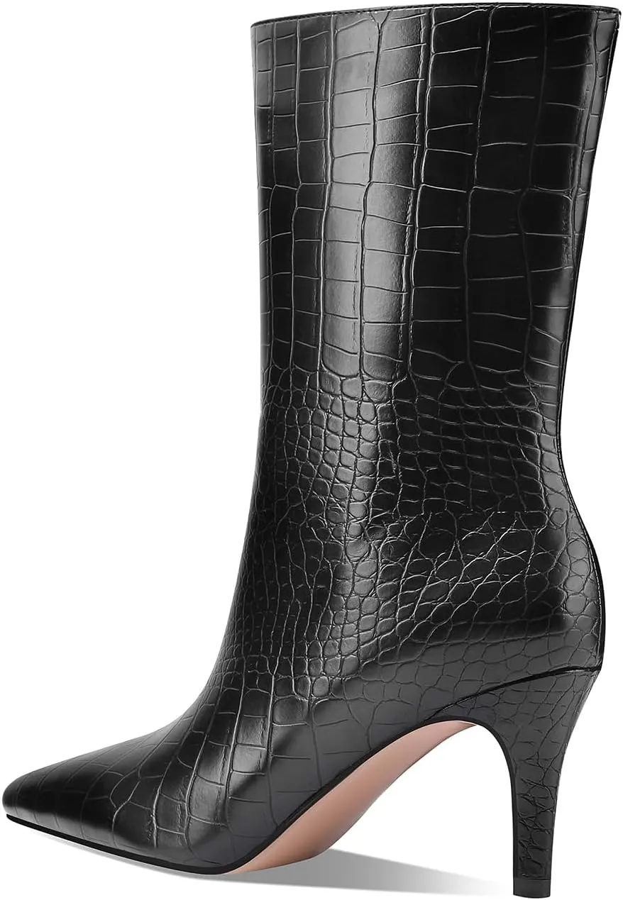 Mid Calf Boots Women Crocodile Leather Boot Stiletto Heel Wide Calf Booties