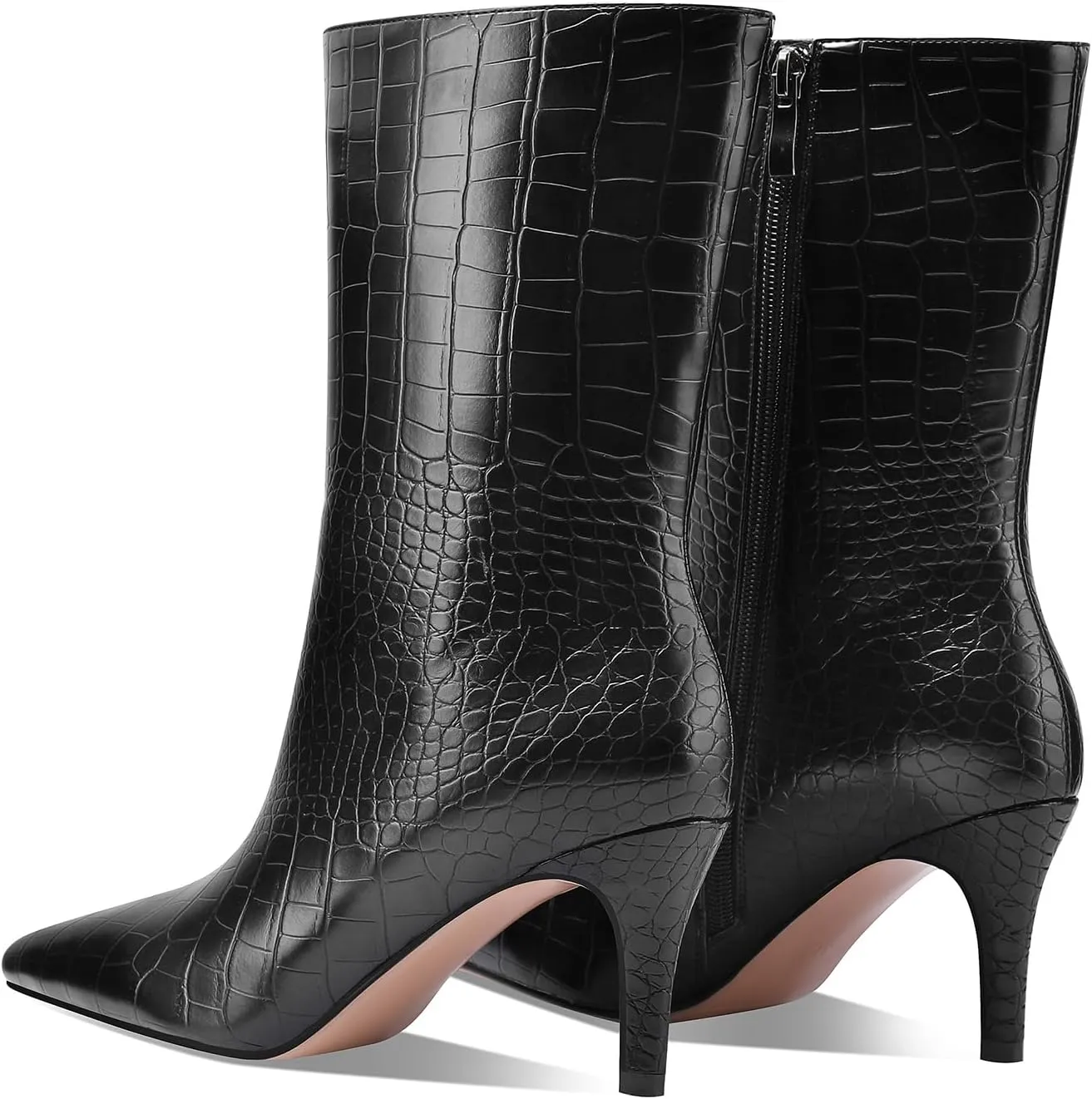 Mid Calf Boots Women Crocodile Leather Boot Stiletto Heel Wide Calf Booties
