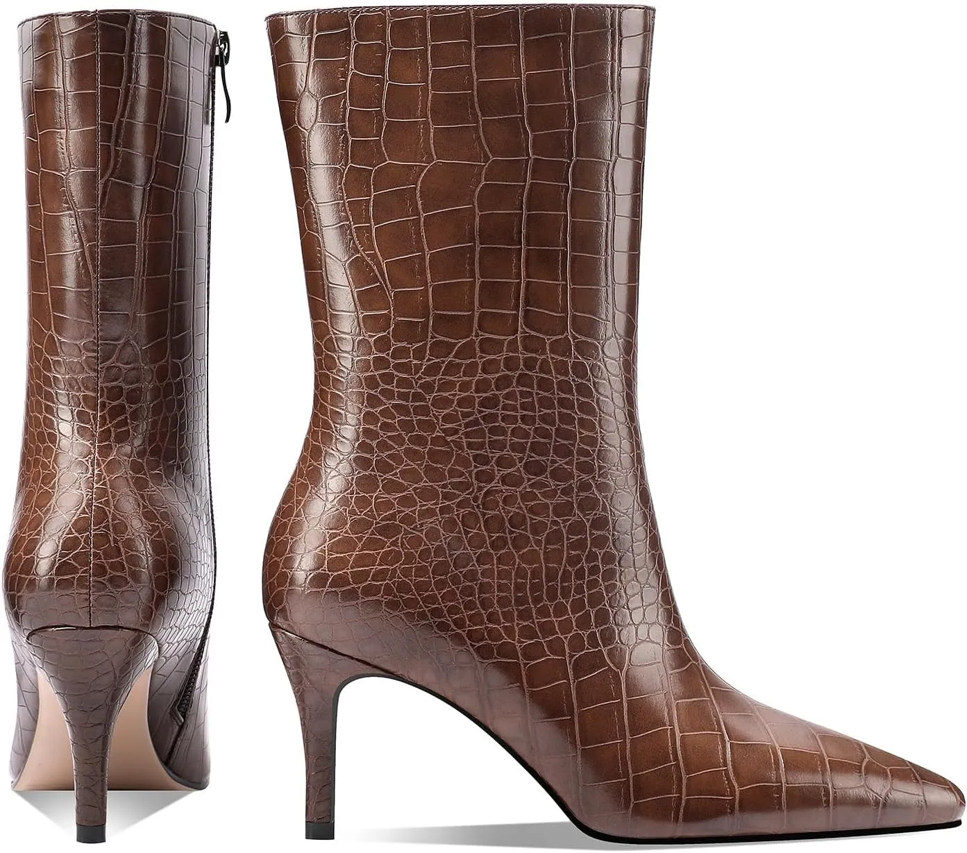 Mid Calf Boots Women Crocodile Leather Boot Stiletto Heel Wide Calf Booties