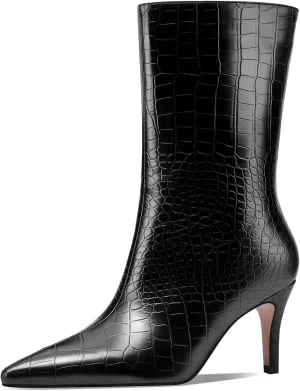 Mid Calf Boots Women Crocodile Leather Boot Stiletto Heel Wide Calf Booties