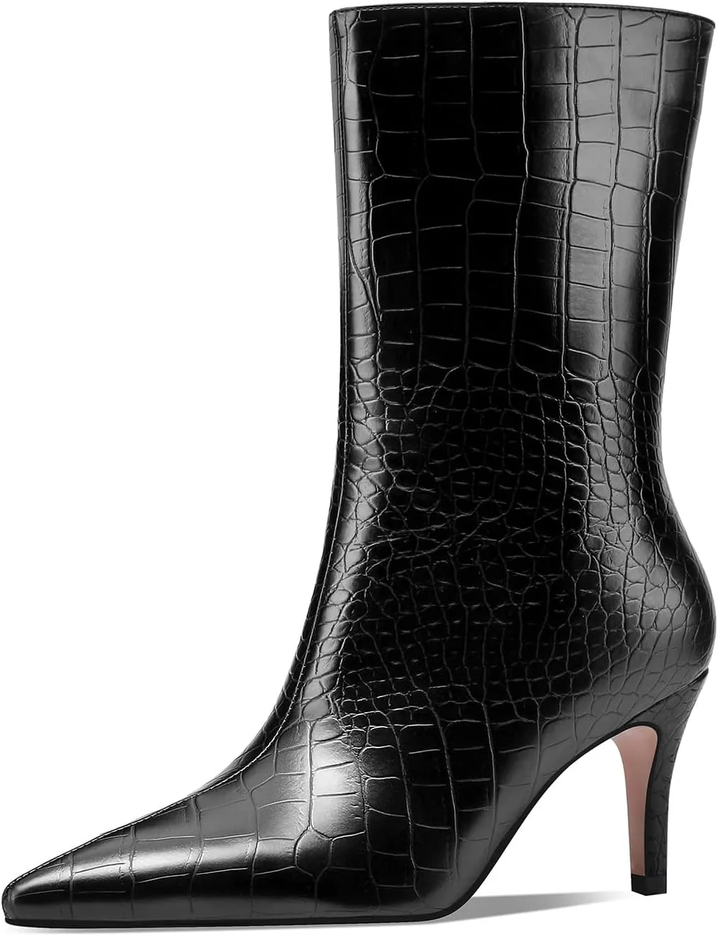 Mid Calf Boots Women Crocodile Leather Boot Stiletto Heel Wide Calf Booties