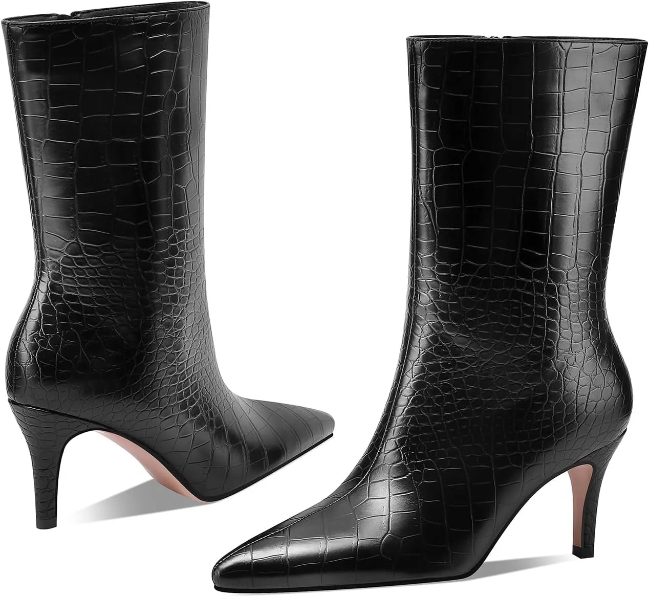Mid Calf Boots Women Crocodile Leather Boot Stiletto Heel Wide Calf Booties