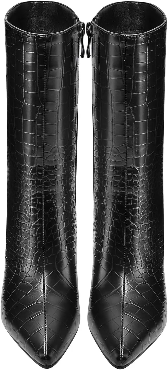 Mid Calf Boots Women Crocodile Leather Boot Stiletto Heel Wide Calf Booties