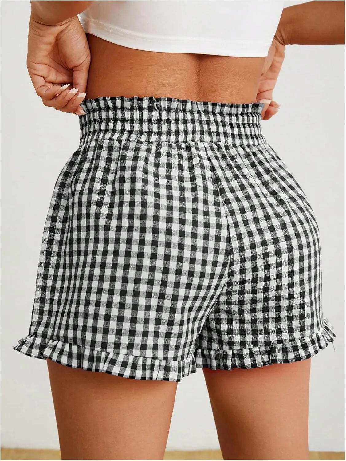 Milumia Women's Plaid Paperbag High Waist Ruffle Hem Casual Shorts