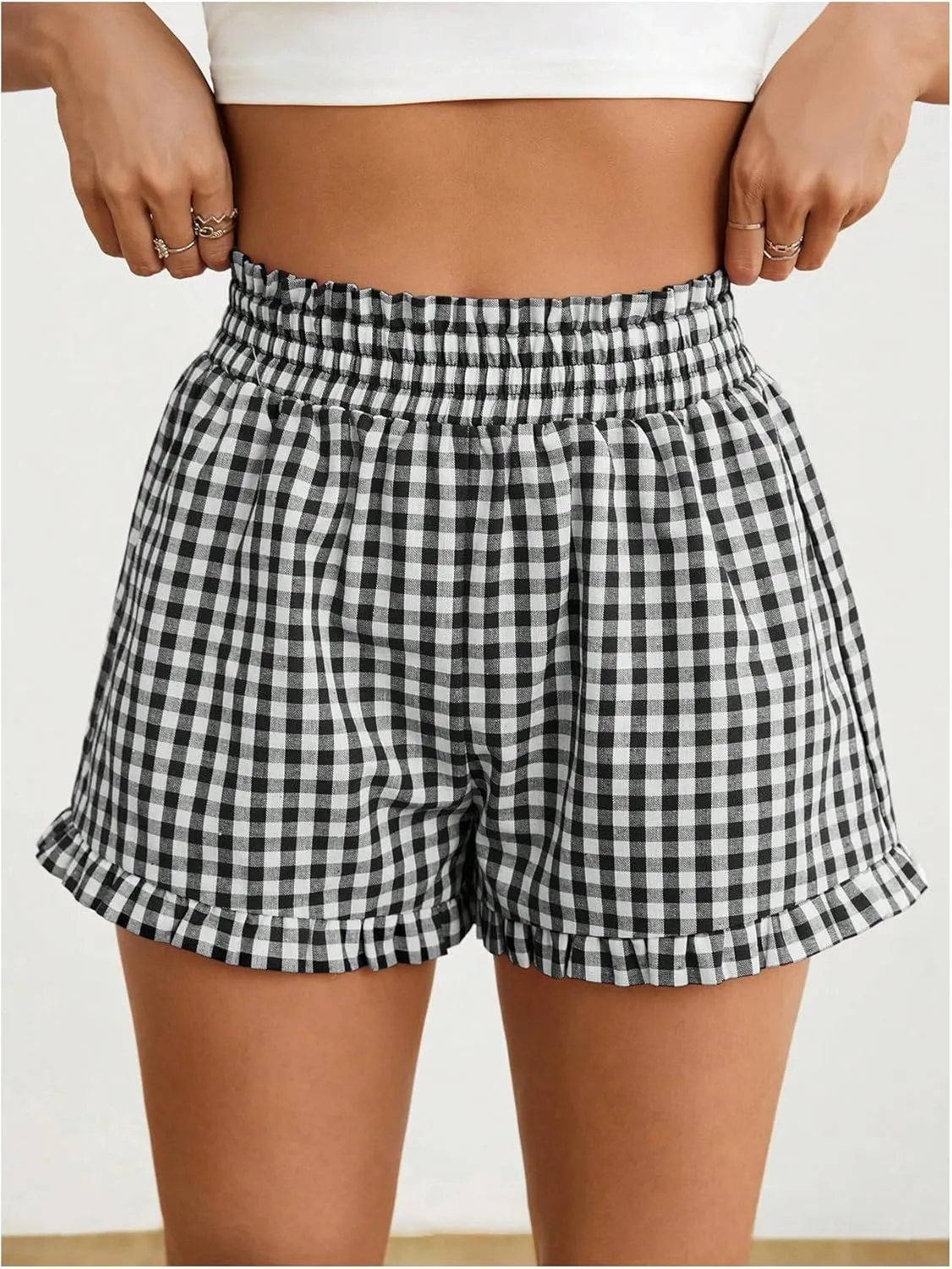 Milumia Women's Plaid Paperbag High Waist Ruffle Hem Casual Shorts
