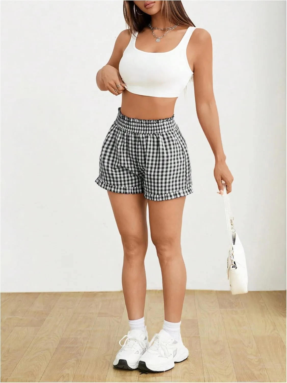 Milumia Women's Plaid Paperbag High Waist Ruffle Hem Casual Shorts