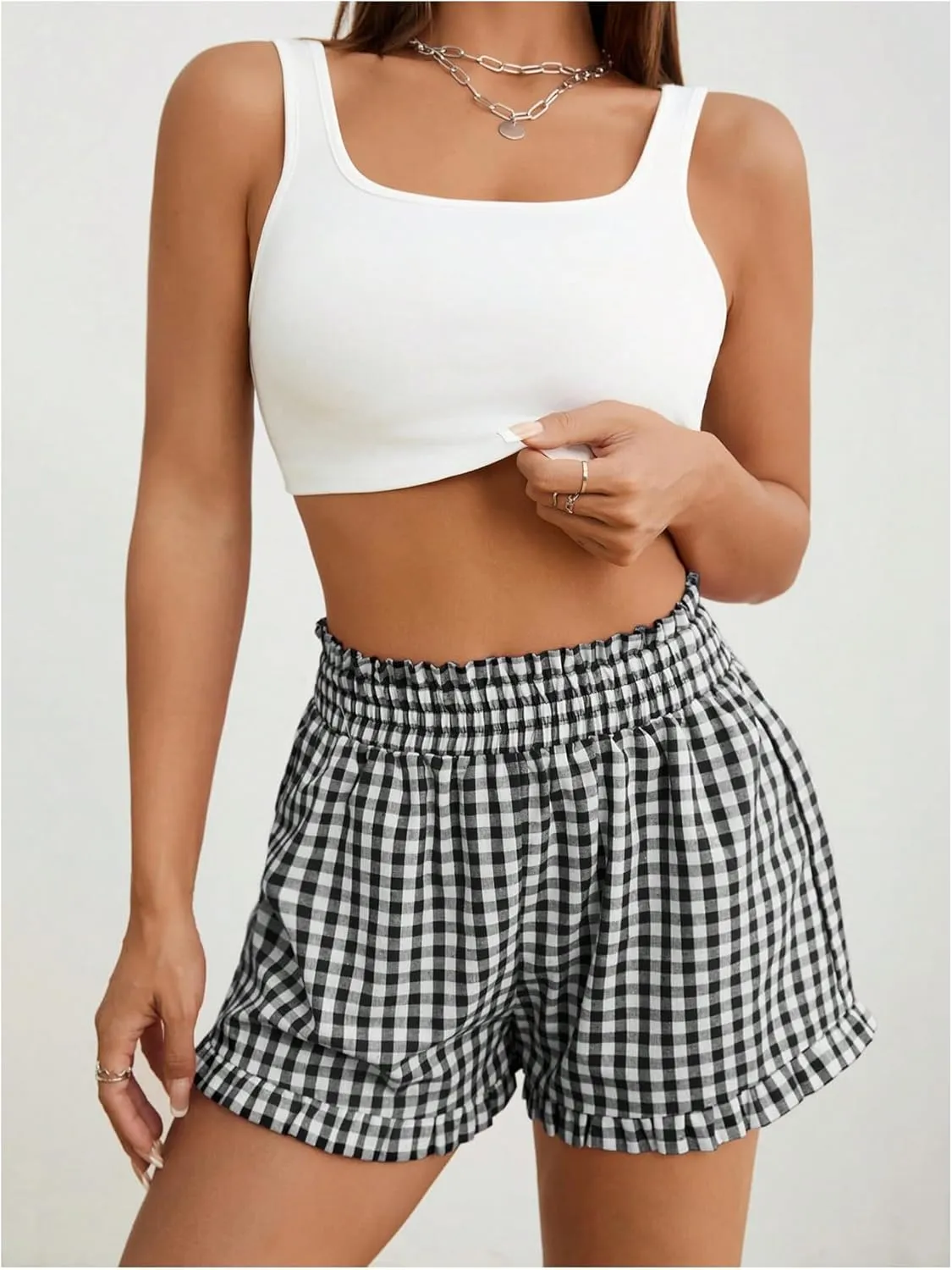 Milumia Women's Plaid Paperbag High Waist Ruffle Hem Casual Shorts