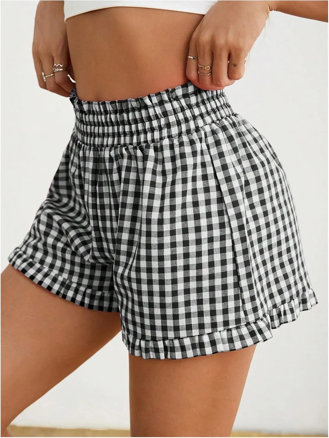 Milumia Women's Plaid Paperbag High Waist Ruffle Hem Casual Shorts