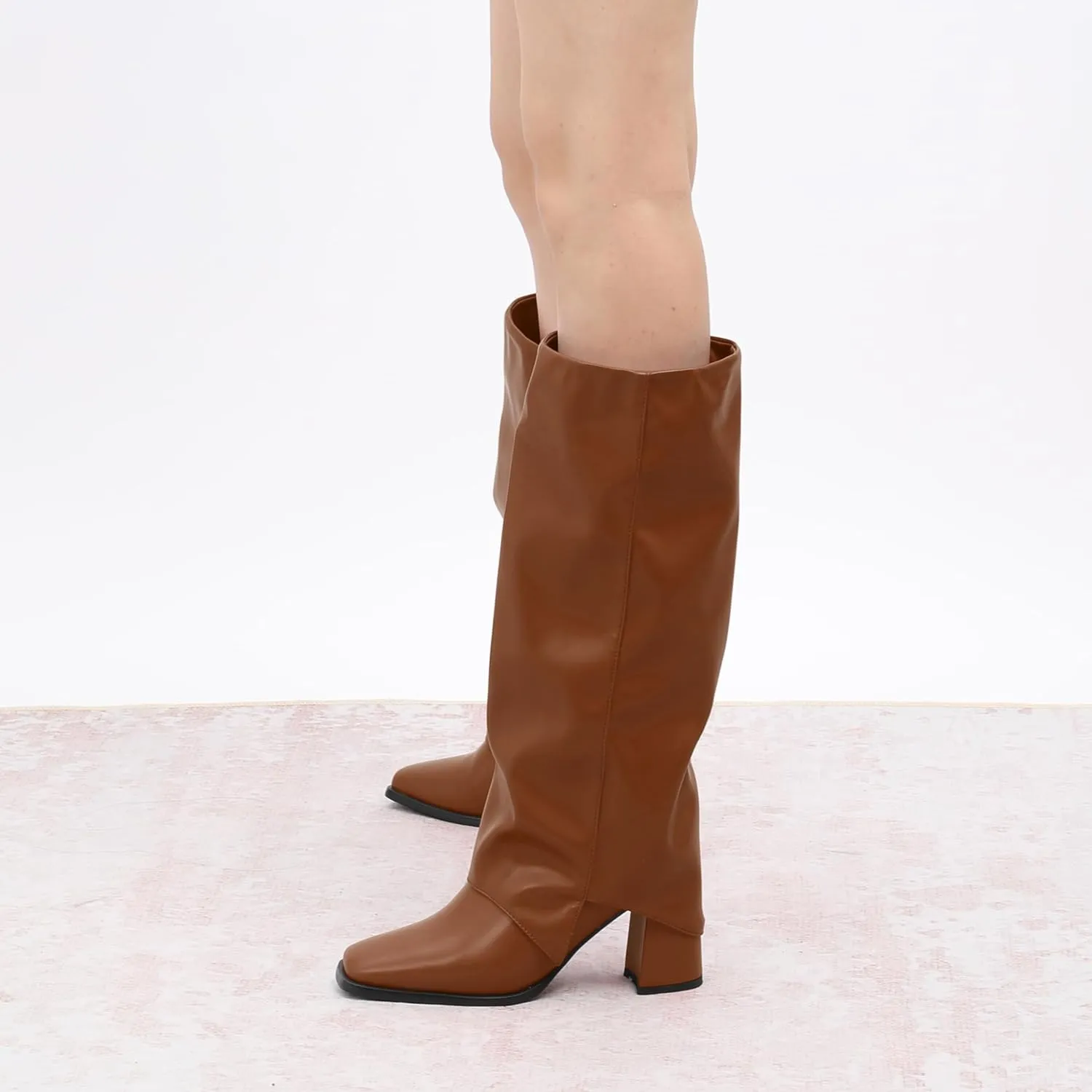 MODENCOCO Women's Knee High Boots Fold Over Wide Calf Boots Square Toe Chunky Block High Heels Long Boots Comfortable Dress Fashion Tall Boots