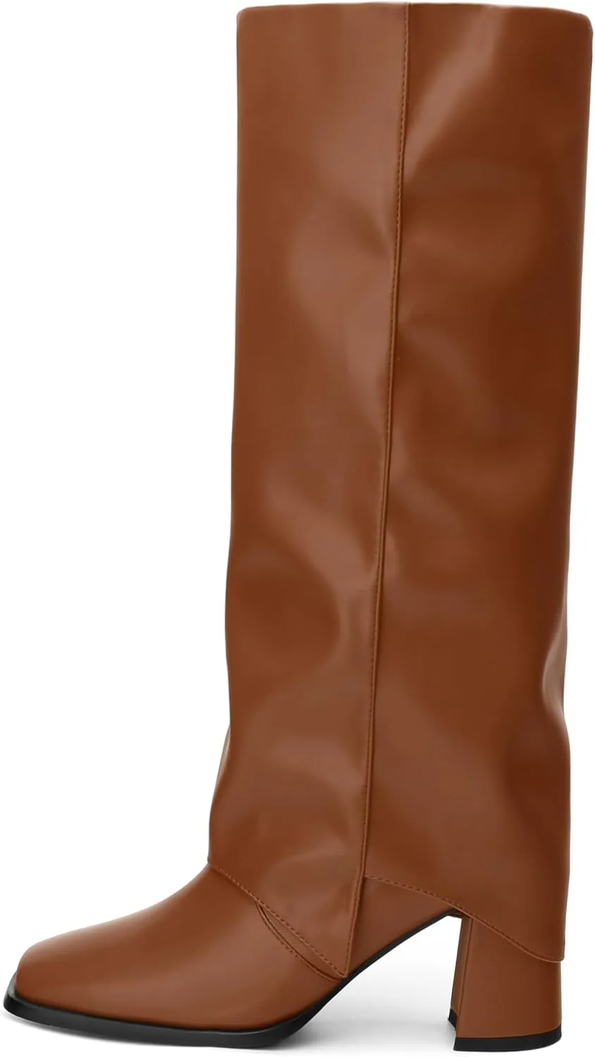 MODENCOCO Women's Knee High Boots Fold Over Wide Calf Boots Square Toe Chunky Block High Heels Long Boots Comfortable Dress Fashion Tall Boots