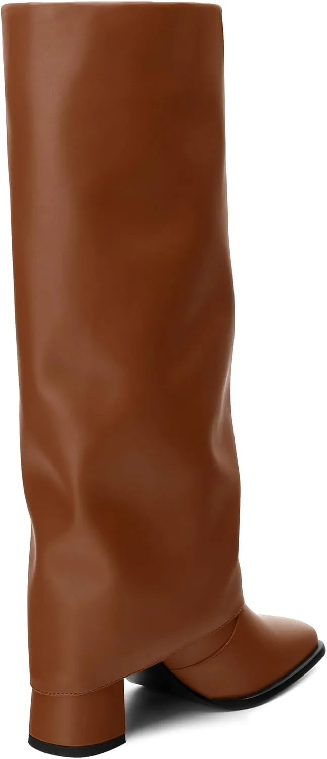 MODENCOCO Women's Knee High Boots Fold Over Wide Calf Boots Square Toe Chunky Block High Heels Long Boots Comfortable Dress Fashion Tall Boots