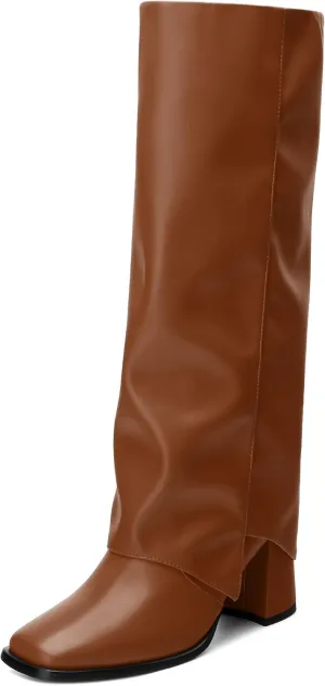 MODENCOCO Women's Knee High Boots Fold Over Wide Calf Boots Square Toe Chunky Block High Heels Long Boots Comfortable Dress Fashion Tall Boots