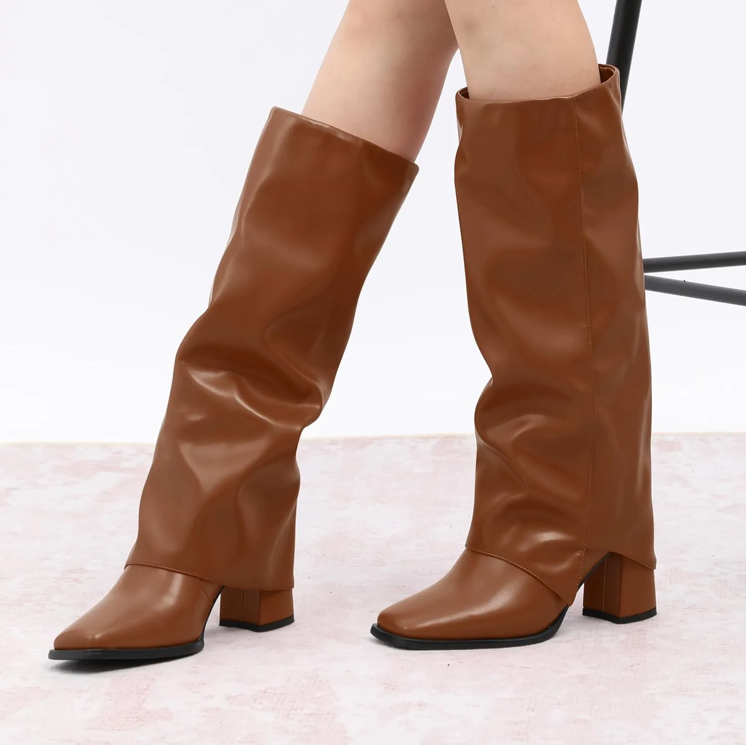 MODENCOCO Women's Knee High Boots Fold Over Wide Calf Boots Square Toe Chunky Block High Heels Long Boots Comfortable Dress Fashion Tall Boots