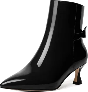 MODENCOCO Womens Patent Wedding Dress Stylish Bow Zip Pointed Toe Kitten High Heel Ankle High Boots 2 Inch
