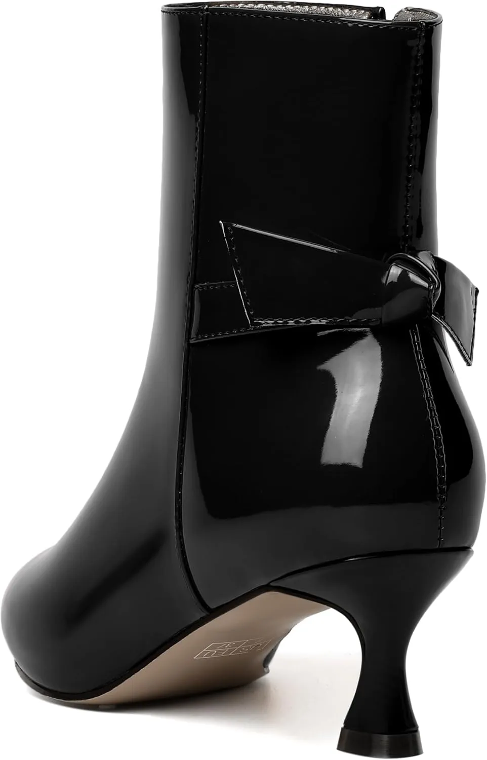 MODENCOCO Womens Patent Wedding Dress Stylish Bow Zip Pointed Toe Kitten High Heel Ankle High Boots 2 Inch